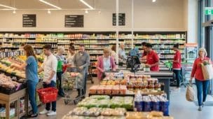 Imagem de uma loja de supermercado com clientes escolhendo produtos, destacando guia completo reforma tributária