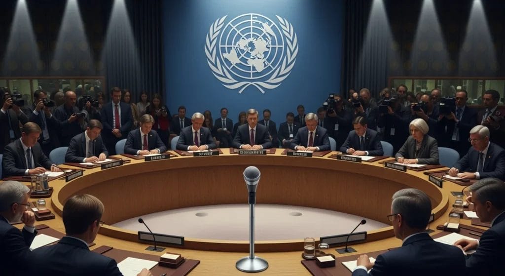 Imagem de reunião do conselho da ONU com bandeira, microfone e diplomatas em clima de tensão, destacando conselho onu convoca reunião